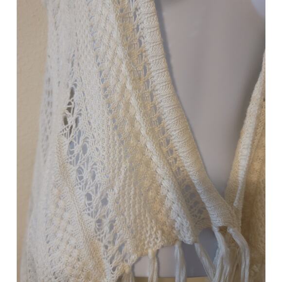 2 Hip By Wrapper Cream Crochet Open Front Knit Cardigan Sweater XL Fringed Boho - Picture 2 of 5